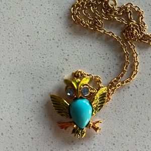 Vintage Turquoise Owl Blue Rhinestone Eyes,Green Feathers Brown 24” Necklace